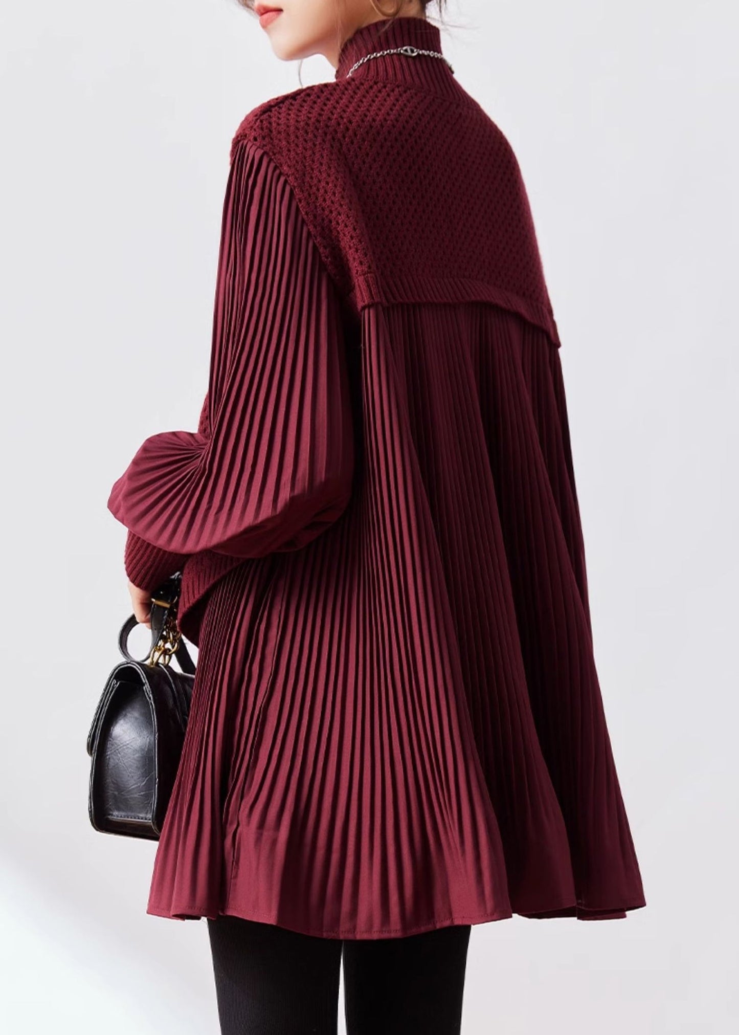 New Wine Red Half High Neck Knitted Spliced Fake Two Piece Sweater Winter