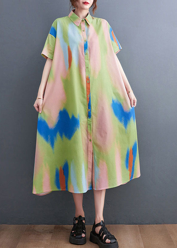 Diy Colorblock Peter Pan Collar Tie Dye Print Button Cotton Shirt Dress Short Sleeve