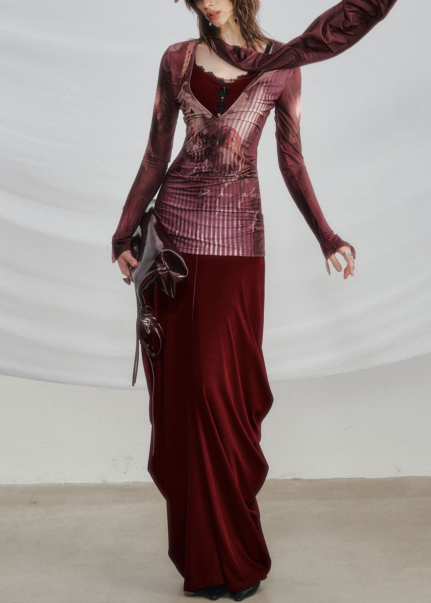 New Red Print Hollow Out Patchwork Cotton Fall Two-piece Set