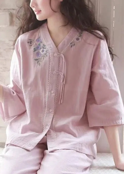 Original Purple Embroidered Button Cotton Pajamas Two Piece Set Bracelet Sleeve