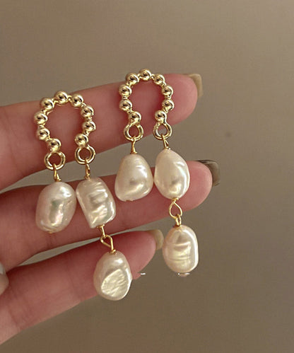 Beige Sterling Alloy Silver Pearl Tassel Drop Earrings