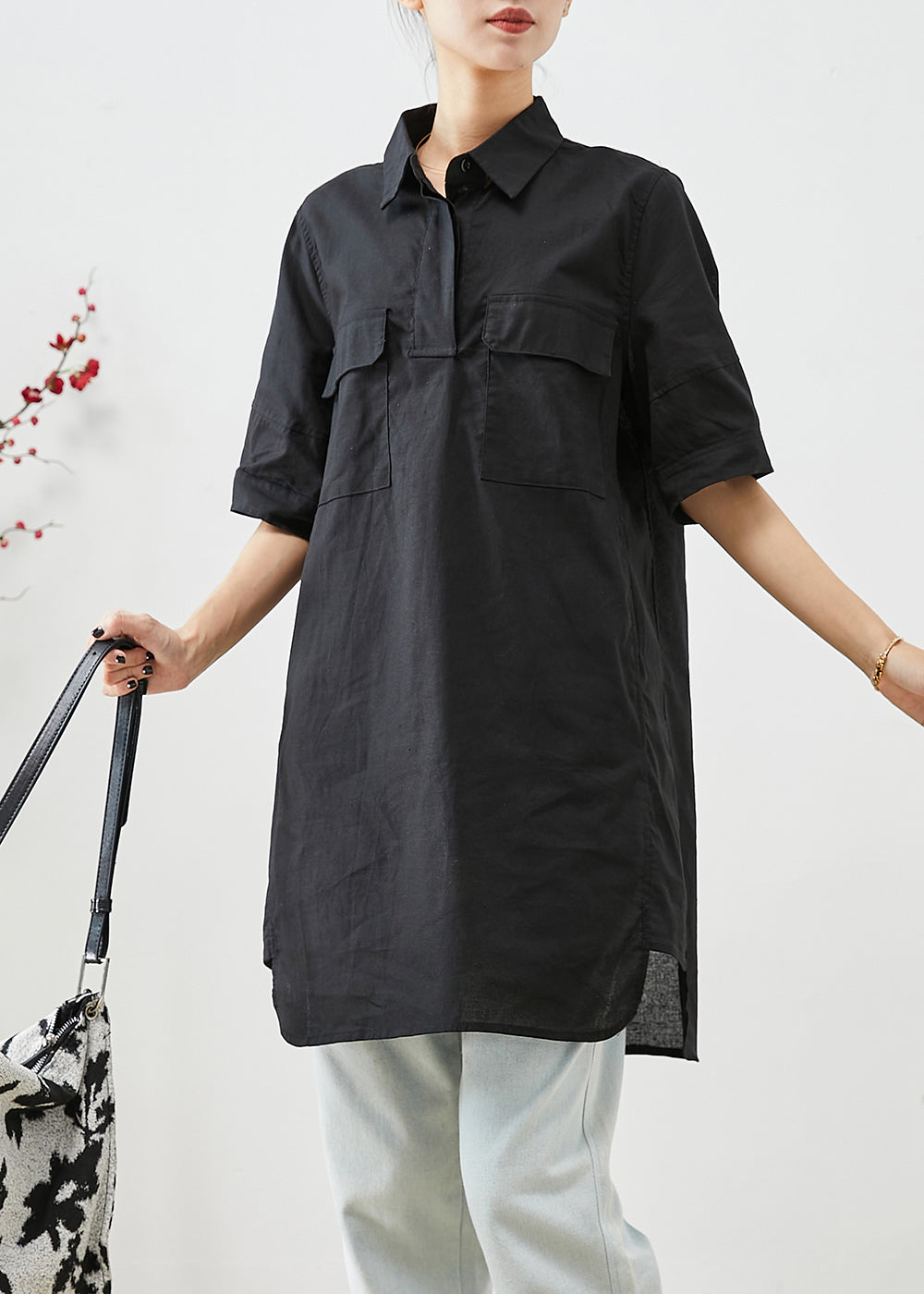 Black Peter Pan Collar Pockets Cotton Shirt Top Short Sleeve