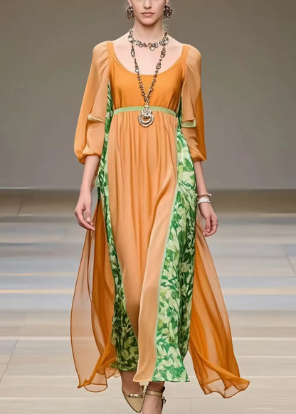 Orange U Neck Patchwork Chiffon Robe Dresses Bracelet Sleeve