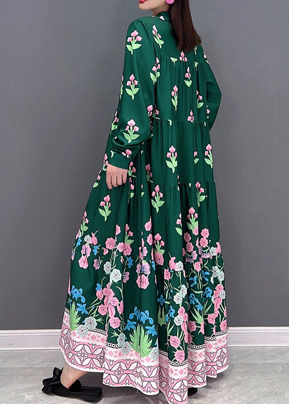 Green Print Long Beach Dresses Wrinkled Long Sleeve