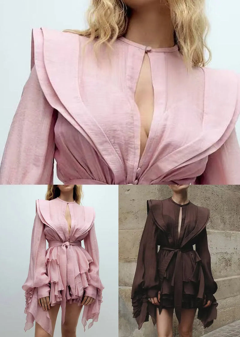 Chocolate Lace Up Cotton Shirt Dress Fall