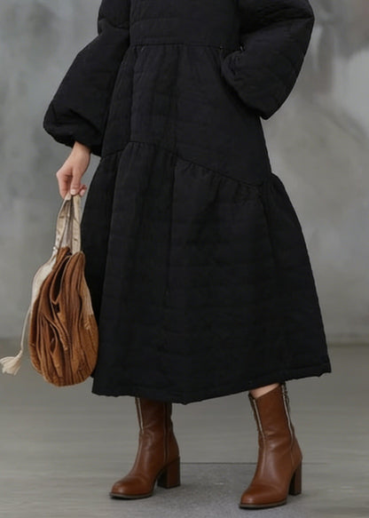 Black O Neck Pockets Patchwork Fine Cotton Filled Dress Winter