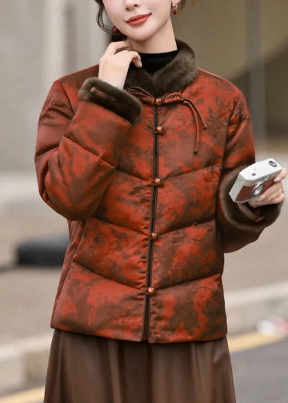 Orange Print Chinese Button Duck Down Winter Coats Winter