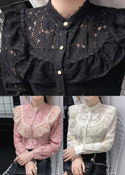 Pink Lace Loose Shirt Top Button Hollow Out Long Sleeve