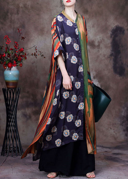 Colorblock Print Patchwork Low High Design Silk Two Pieces Set Summer