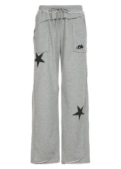 Grey Five Pointed Star Print Cotton Straight Pants Spring