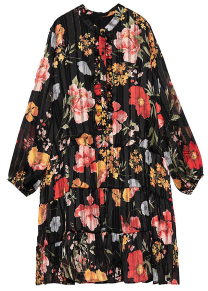 Black Stand Collar Patchwork Print Chiffon Pleated Dresses Spring
