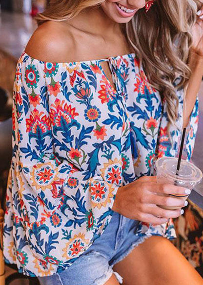 French Colorblock Cold Shoulder Print Tops Flare Sleeve