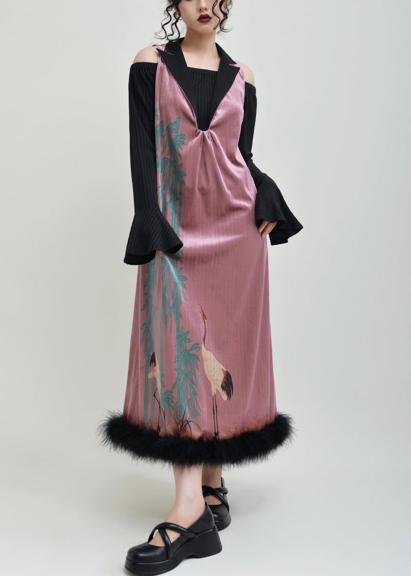 Pink Print False Two Pieces Patchwork Silk Velvet Dress Spring