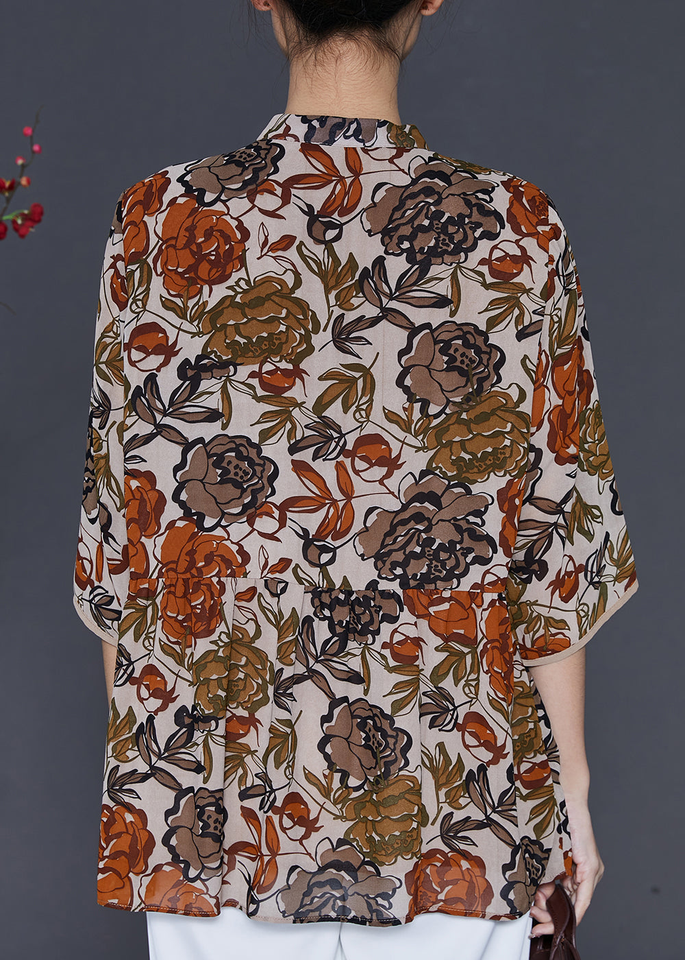 Apricot Stand Collar Print Chiffon Shirt Top Summer