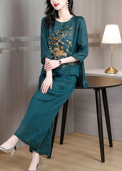 Blackish Green Embroidered Low High Design Linen Two Pieces Set Spring