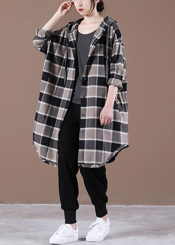 Handmade Khaki Plaid Hooded Drawstring Button Fall Shirt Top