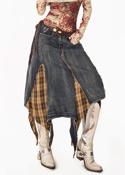 Blue Plaid Patchwork Denim Maxi Skirts