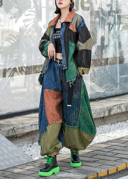 Vogue Colorblock Peter Pan Collar Button Patchwork Denim Coats and Harem Pants Two Pieces Set Long Sleeve