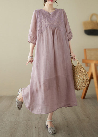Pink O-neck Embroideried Patchwork Wrinkled Linen Long Dress Half Sleeve