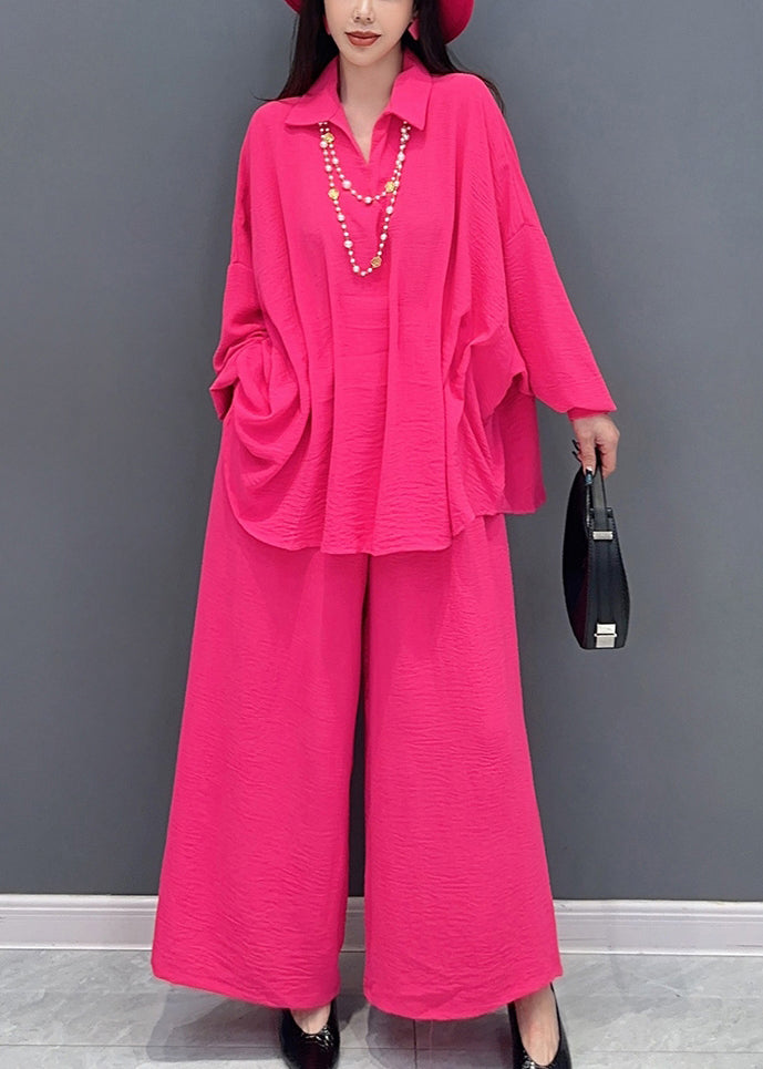 Rose Tops and Wide Leg Pants Cotton Two Pieces Set Spring