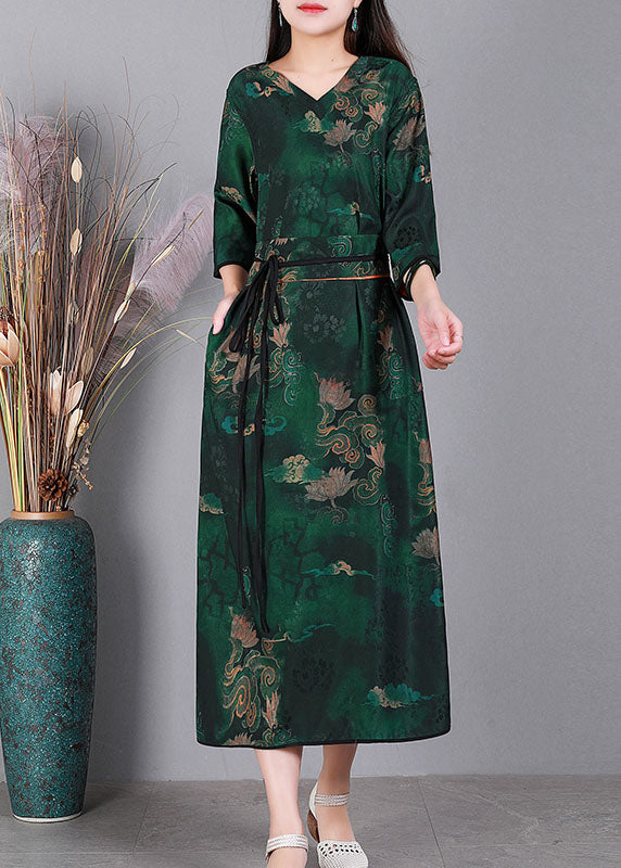 Green V Neck Print Wear on Both Sides Silk Long Dresses Bracelet Sleeve