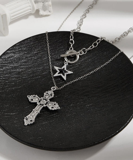Fine Black Alloy Zircon Cross Chain Pentagram Pendant Necklace