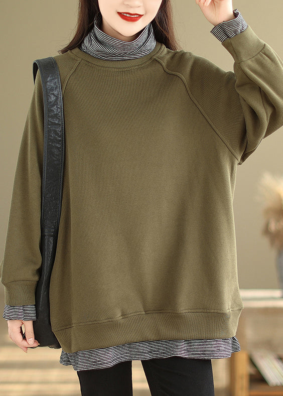 Green Hign Neck Patchwork Warm Fleece Pullover Winter