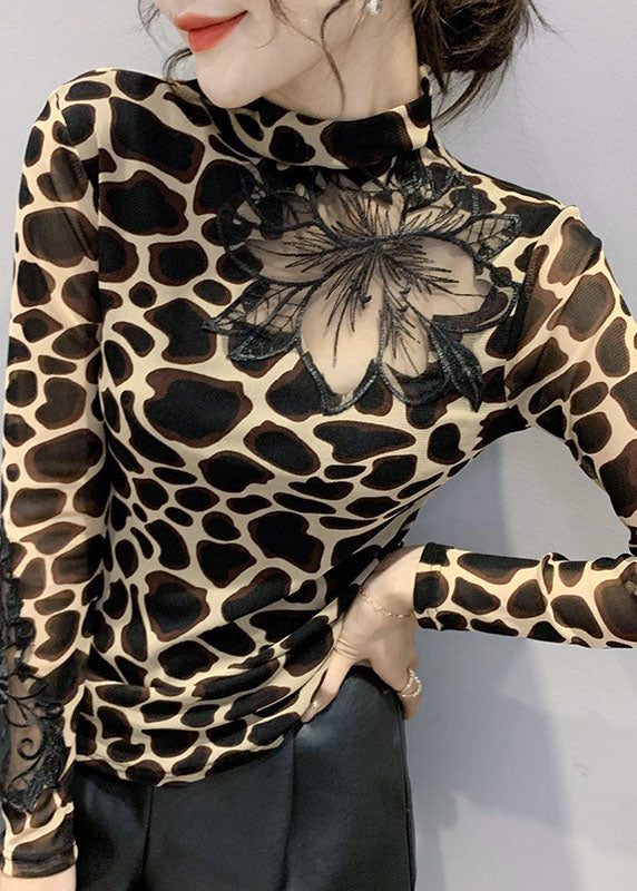 Leopard Print Blouses Tops Hollow Out Spring