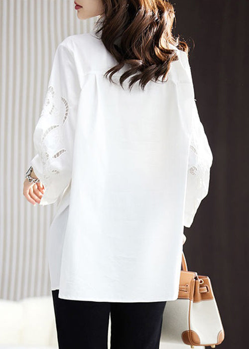 Loose White Embroideried Hollow Out Cotton Shirt Spring