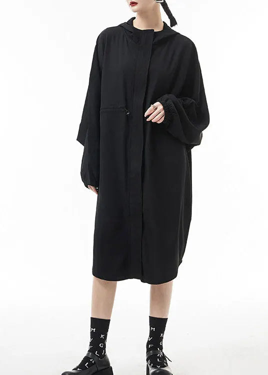 Black Zippered Hooded Drawstring Chiffon Trench Coats Spring