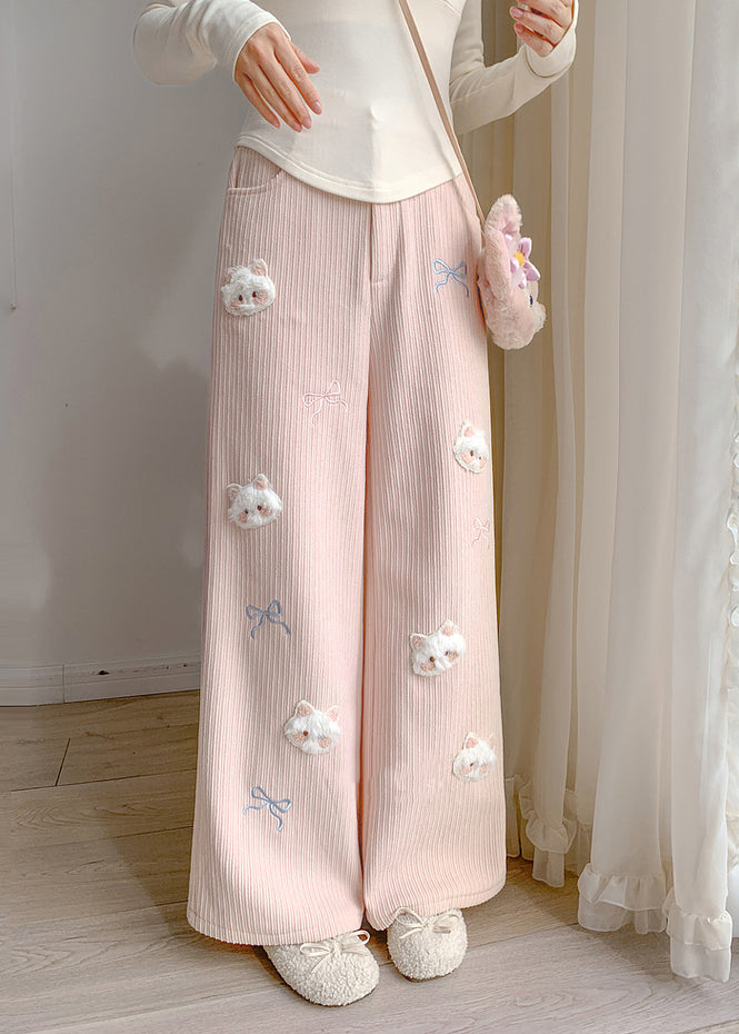 Pink Embroidered Cat Decorated Warm Fleece Pants Winter