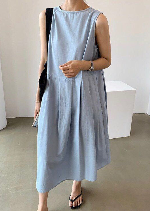 Blue Wrinkled Button Patchwork Wear on Both Sides Cotton Dresses Sleeveless