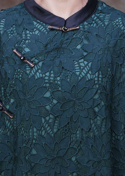Green Stand Collar Patchwork Side Open Lace Long Dresses Half Sleeve