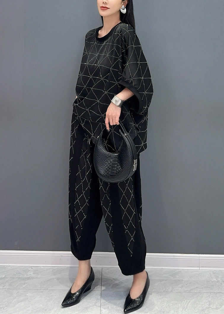 Boutique Black O-neck Plaid Zircon T Shirts and Harem Pants Two Piece Set Short Sleeve