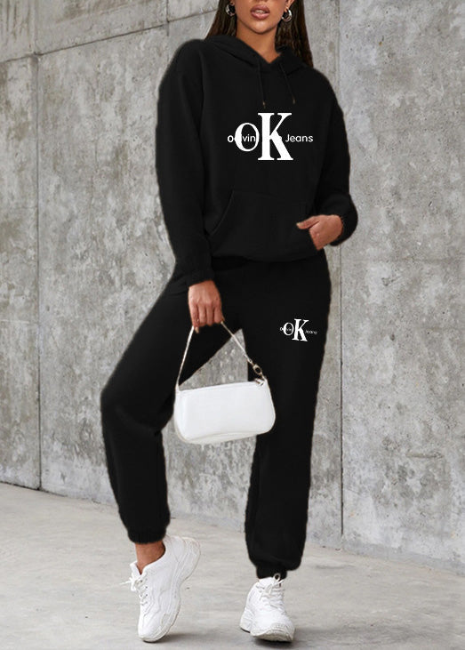Pink Hooded Graphic Cotton Two-piece Set Spring
