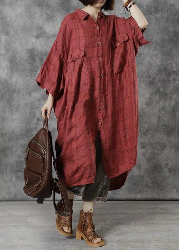 Red Plaid Pockets Patchwork Fall Three Quarter Sleeve Dresses