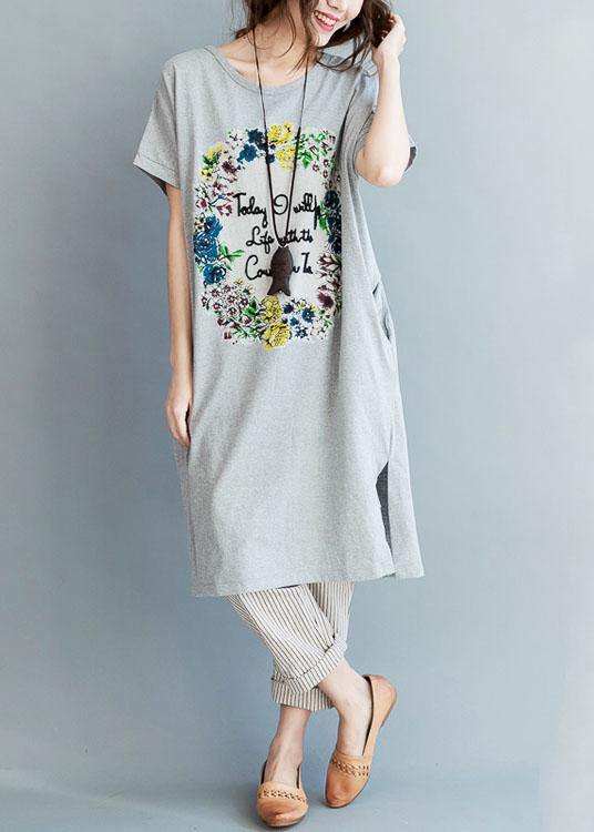 Fine Gray Side Open Letter O Neck Holiday Cotton Dress