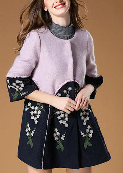 Purple Patchwork Embroideried Fall Woolen Coat