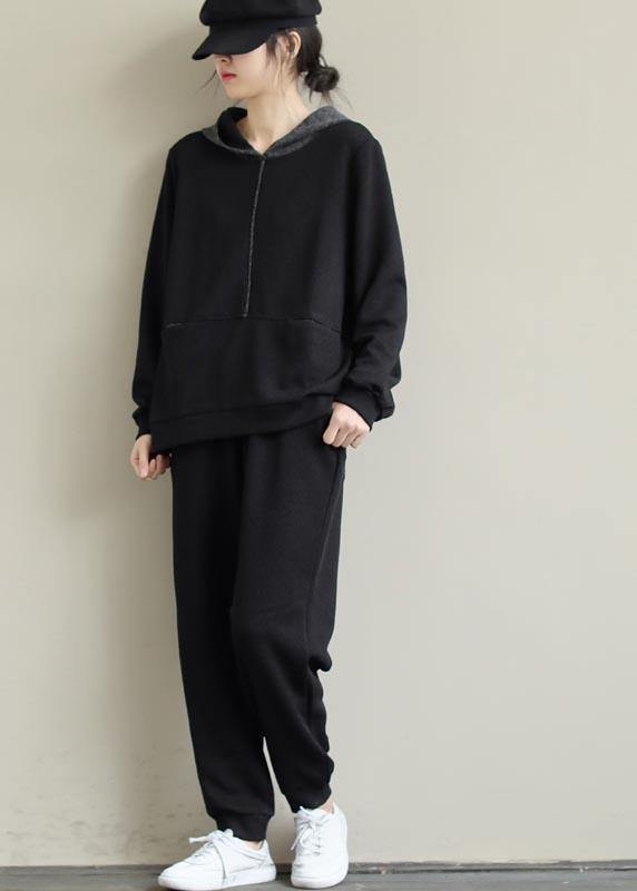 Loose Black Color Matching Hoodie and Elastic Pants Suit