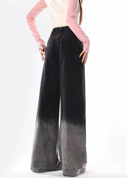 French Black Embroideried Pockets Denim Straight Pants Fall