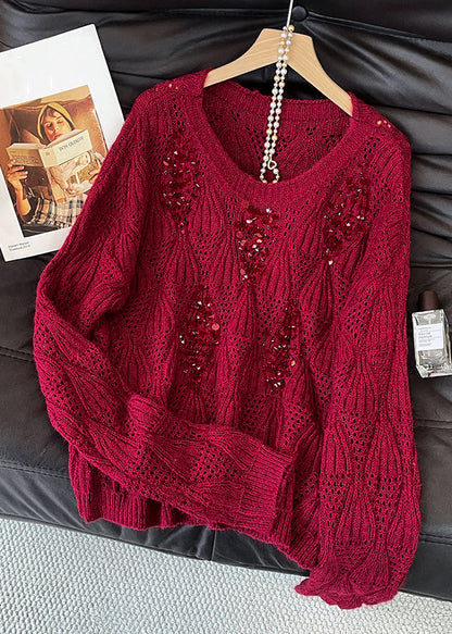 Art Purple O Neck Sequins Hollow Out Knit Sweater Tops Fall