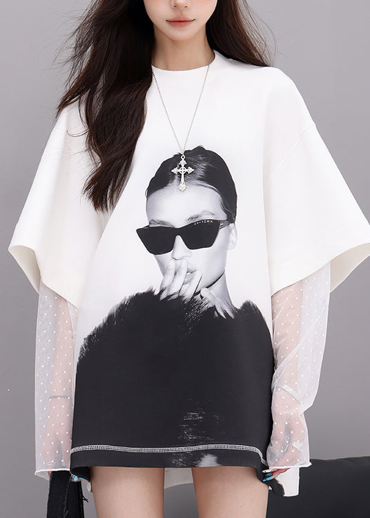 White O Neck Lace Patchwork Cotton T Shirts Fall