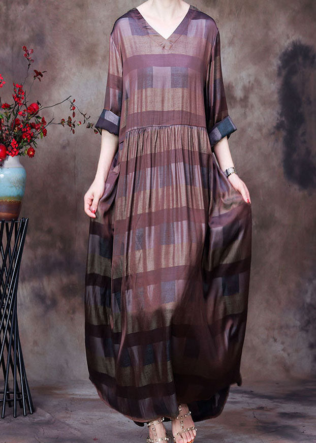 Chocolate V Neck Plaid Wrinkled Long Dresses Long Sleeve