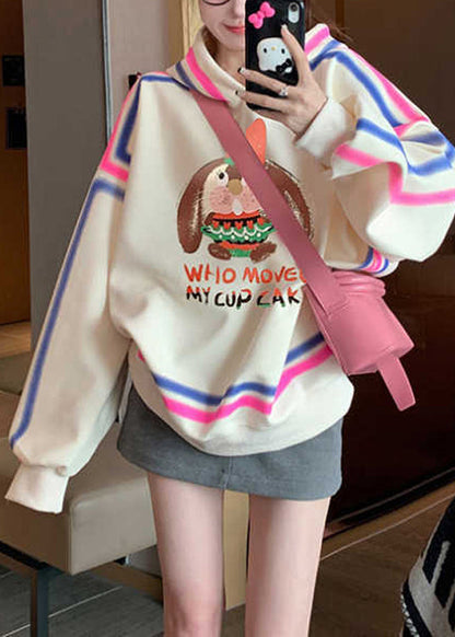 Style Apricot Hooded Cartoon Print Cotton Pullover Spring