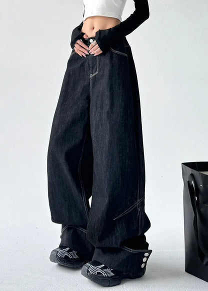 Black High Waist Patchwork Straight Denim Pants Spring