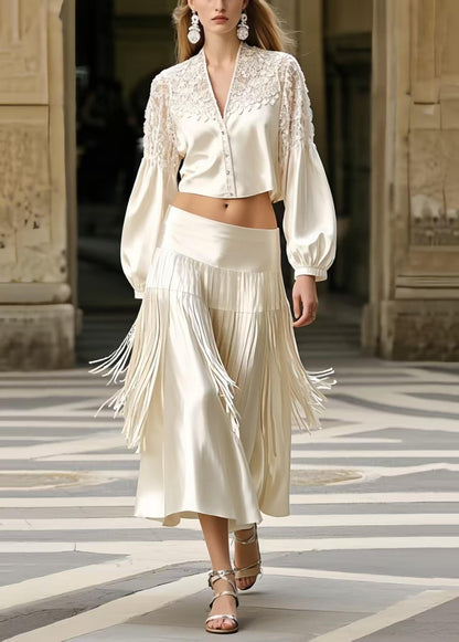 French White Tasseled Draping Silk Two Pieces Set Spring