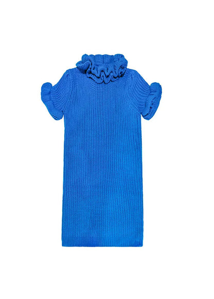 Fitted Blue Ruffled Knit Ankle Dress Petal Sleeve