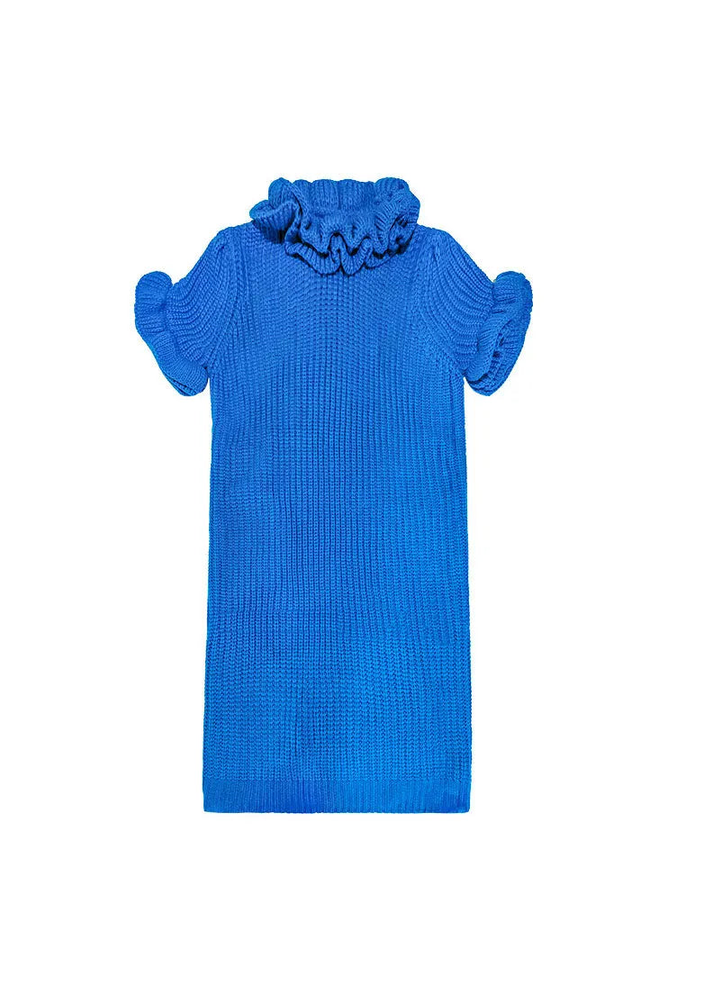Fitted Blue Ruffled Knit Ankle Dress Petal Sleeve