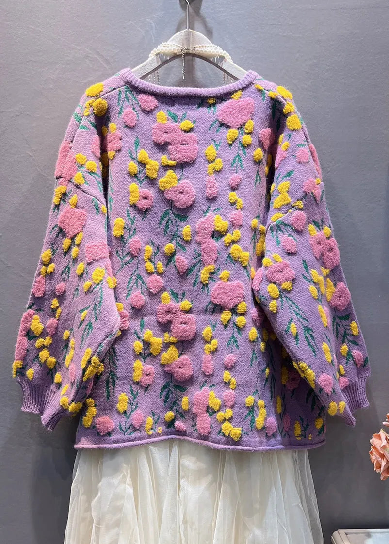 Purple Button Knit Coats Long Sleeve