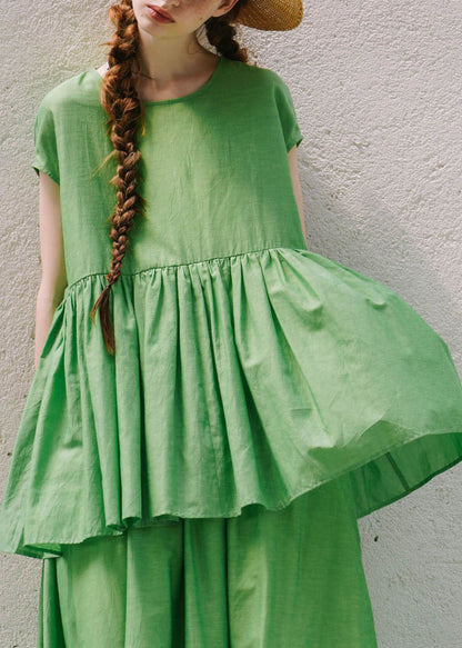 Loose Green O-neck Wrinkled Cotton Shirts Summer